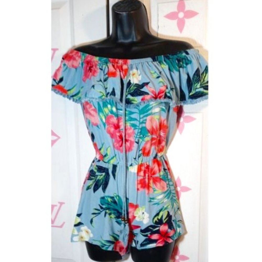 TROPICAL PRINT OFF SHOULDER ROMPER BY DEREK HEART SIZE SMALL
